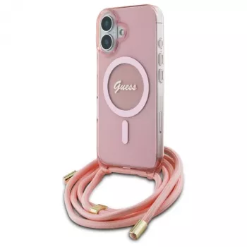 Guess GUHMP16SHCTSGNSP iPhone 16 6,1 Zoll Pink Hardcase Crossbody Cord Script MagSafe