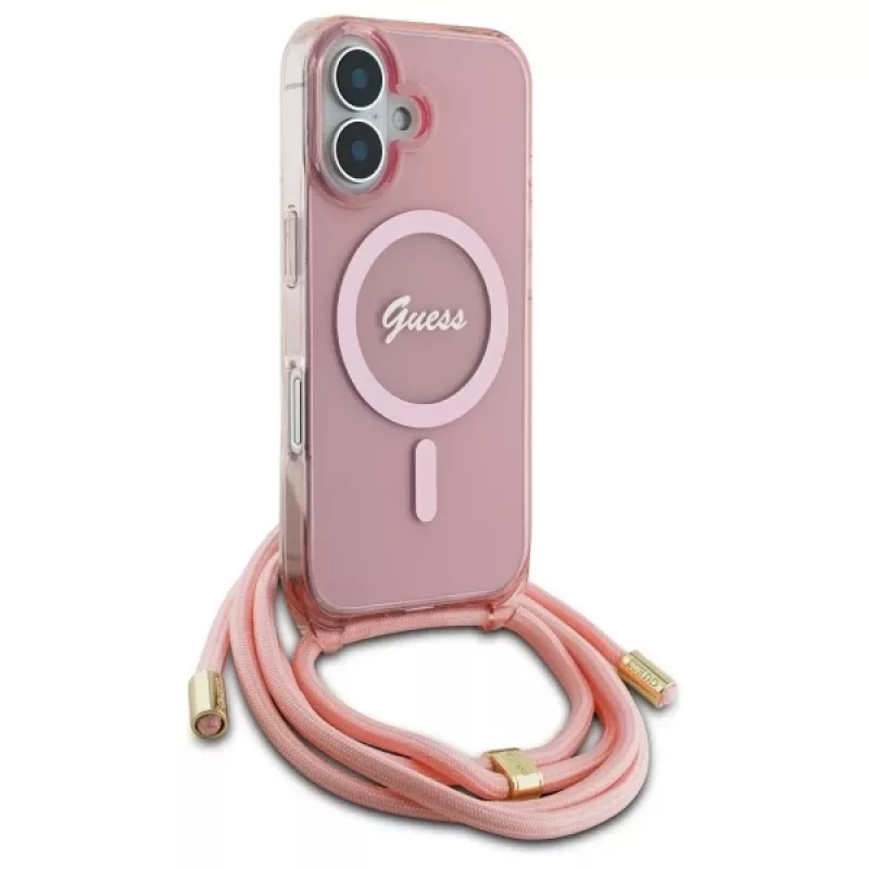 Guess GUHMP16SHCTSGNSP iPhone 16 6,1 Zoll Pink Hardcase Crossbody Cord Script MagSafe