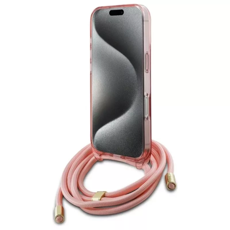 Guess GUHMP16SHCTSGNSP iPhone 16 6,1 Zoll Pink Hardcase Crossbody Cord Script MagSafe