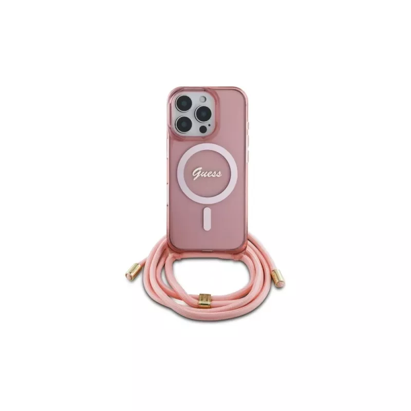 Guess GUHMP16LHCTSGNSP iPhone 16 Pro 6,3 Zoll Pink Hardcase Crossbody Cord Script MagSafe