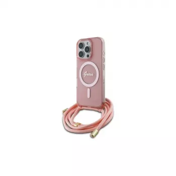 Guess GUHMP16XHCTSGNSP iPhone 16 Pro Max 6,9 Zoll Pink Hardcase Crossbody Cord Script MagSafe