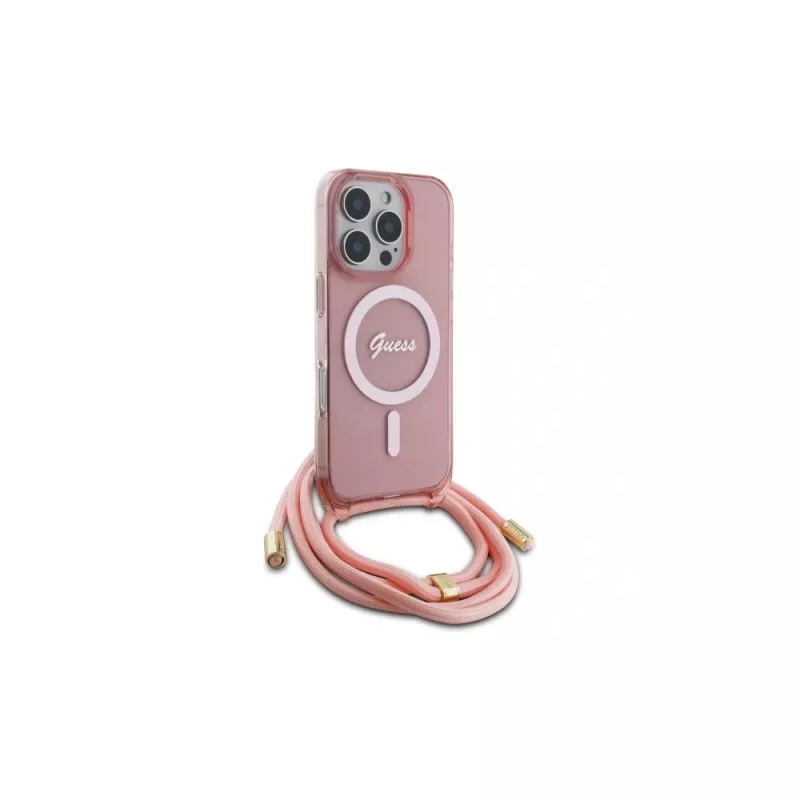 Guess GUHMP16XHCTSGNSP iPhone 16 Pro Max 6,9 Zoll Pink Hardcase Crossbody Cord Script MagSafe
