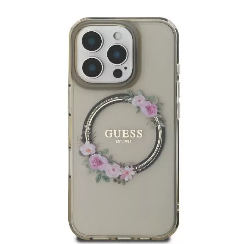 Guess GUHMP16XHFWFCK iPhone 16 Pro Max 6.9 Black Hardcase IML Flowers Wreath MagSafe