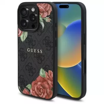Guess GUHMP16LP4ROPEMCK Hardcase für Apple iPhone 16 Pro, 6,3 Zoll, Schwarz, 4G Flowers Print, MagSafe