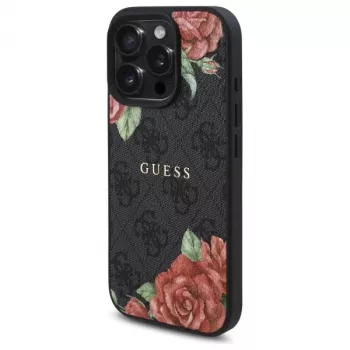 Guess GUHMP16LP4ROPEMCK Hardcase für Apple iPhone 16 Pro, 6,3 Zoll, Schwarz, 4G Flowers Print, MagSafe