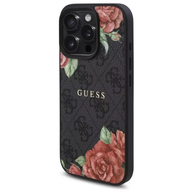 Guess GUHMP16LP4ROPEMCK Hardcase für Apple iPhone 16 Pro, 6,3 Zoll, Schwarz, 4G Flowers Print, MagSafe