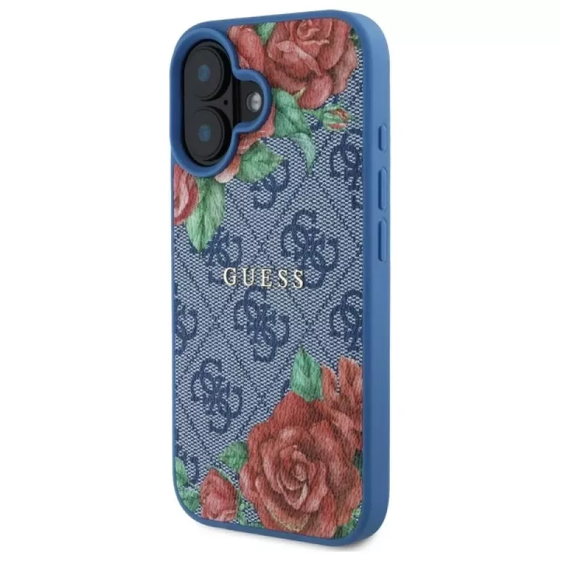 Guess GUHMP16SP4ROPEMCB iPhone 16 6,1 Zoll Blaue Hartschale 4G Flowers Print MagSafe