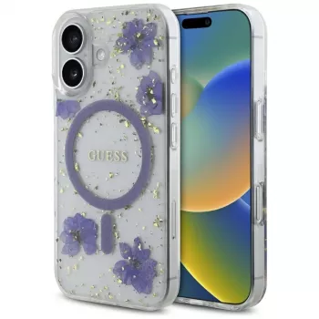 Guess Resin Flowers Glitter MagSafe Case für iPhone 16 Lila
