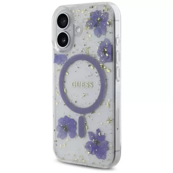 Guess Resin Flowers Glitter MagSafe Case für iPhone 16 Lila