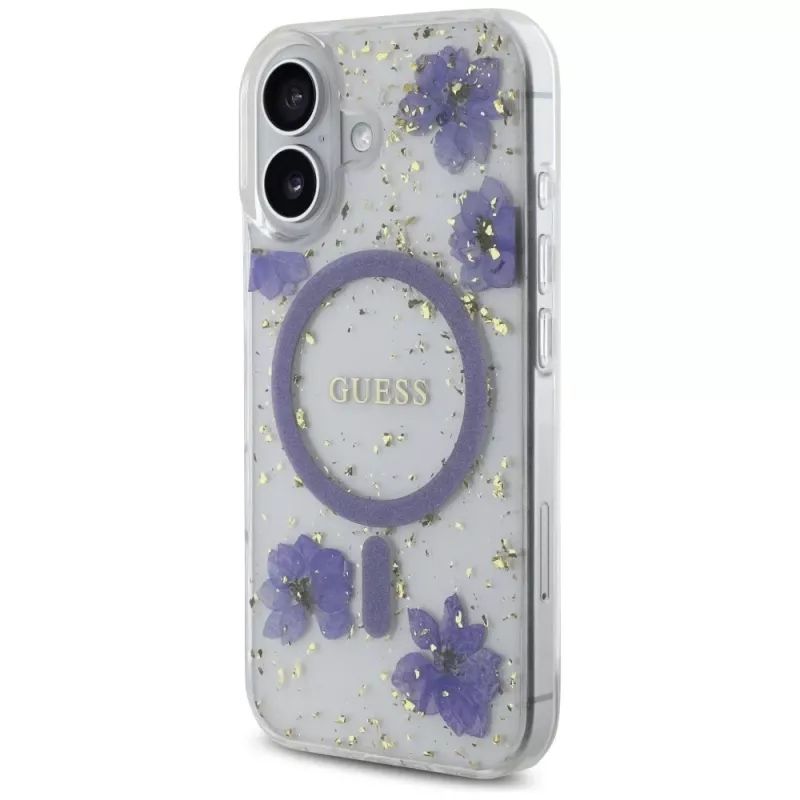 Guess Resin Flowers Glitter MagSafe Case für iPhone 16 Lila