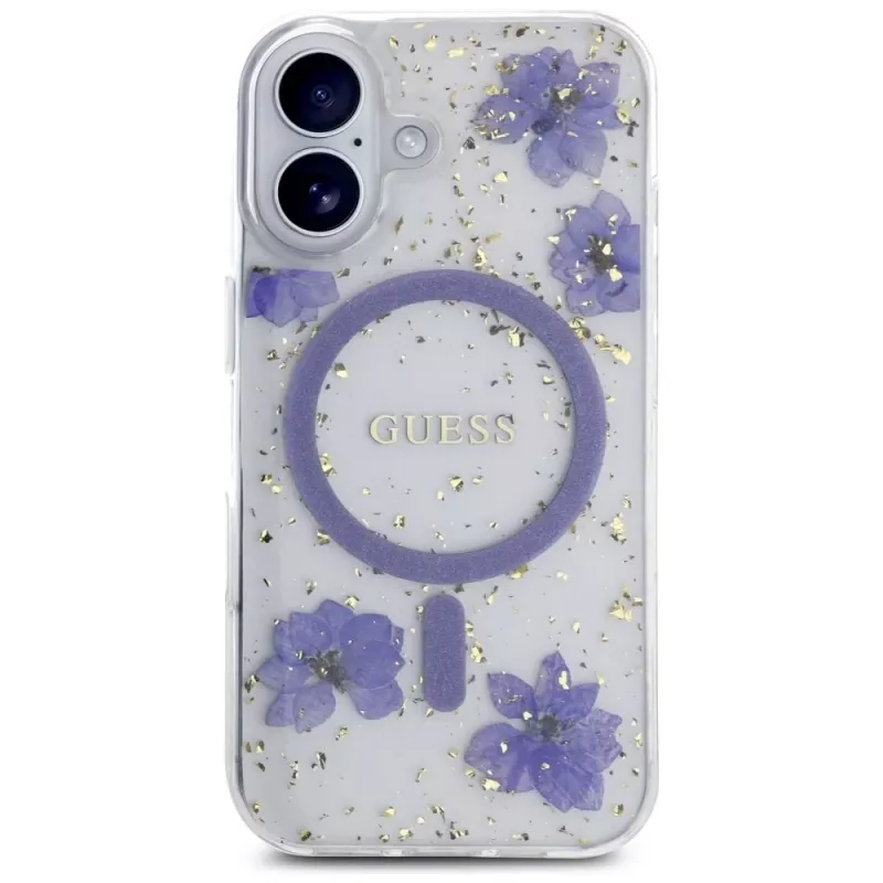 Guess Resin Flowers Glitter MagSafe Case für iPhone 16 Lila