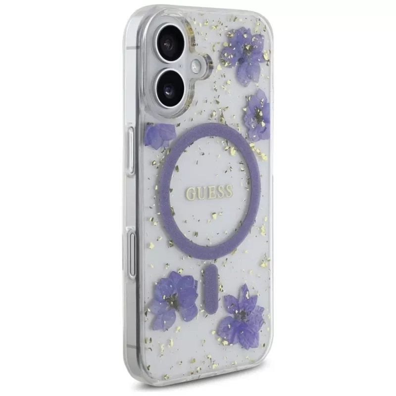 Guess Resin Flowers Glitter MagSafe Case für iPhone 16 Lila