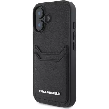Karl Lagerfeld HC Grained PU Card Slot Metal Elongated Case für iPhone 16, Schwarz