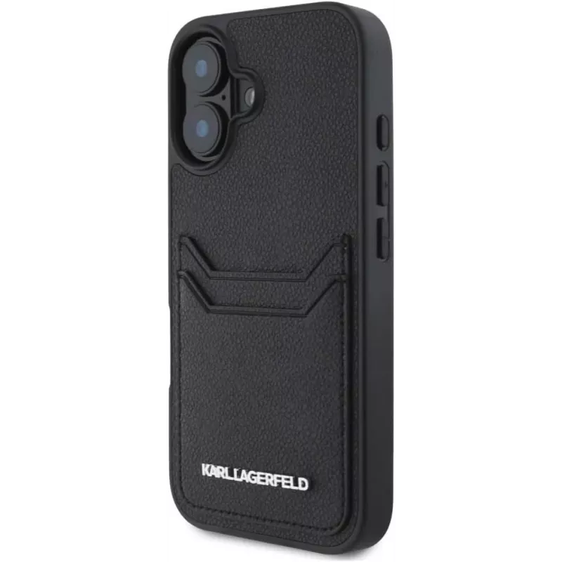 Karl Lagerfeld HC Grained PU Card Slot Metal Elongated Case für iPhone 16, Schwarz