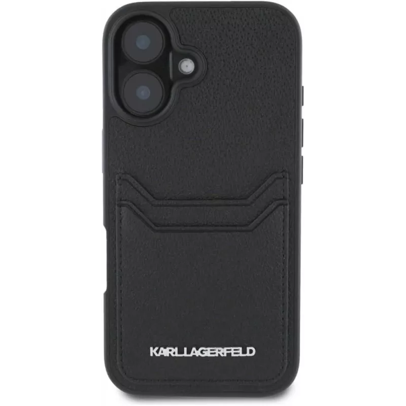 Karl Lagerfeld HC Grained PU Card Slot Metal Elongated Case für iPhone 16, Schwarz