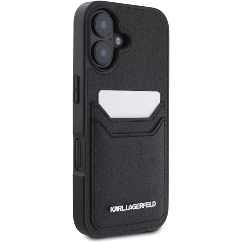 Karl Lagerfeld HC Grained PU Card Slot Metal Elongated Case für iPhone 16, Schwarz