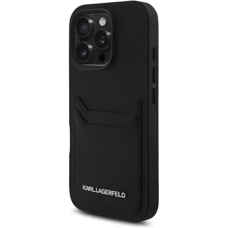 KARL LAGERFELD HC Grained PU Card Slot Metal Elongated Case for iPhone 16 Pro Black
