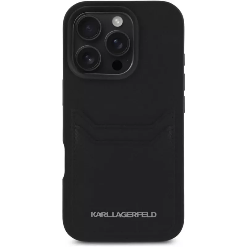 KARL LAGERFELD HC Grained PU Card Slot Metal Elongated Case for iPhone 16 Pro Black
