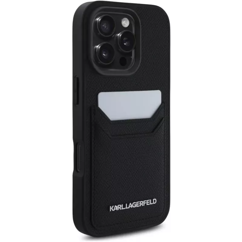 KARL LAGERFELD HC Grained PU Card Slot Metal Elongated Case for iPhone 16 Pro Black