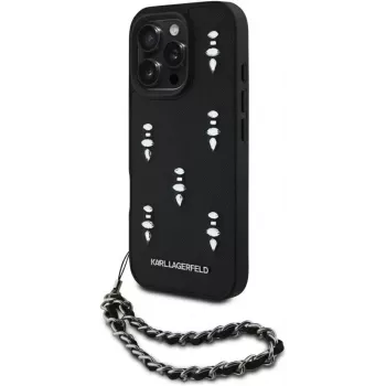 Karl Lagerfeld Saffiano Crystals with Chain Back Cover für iPhone 16 Pro, Schwarz