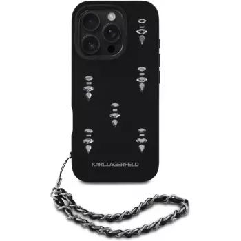 Karl Lagerfeld Saffiano Crystals with Chain Back Cover für iPhone 16 Pro, Schwarz