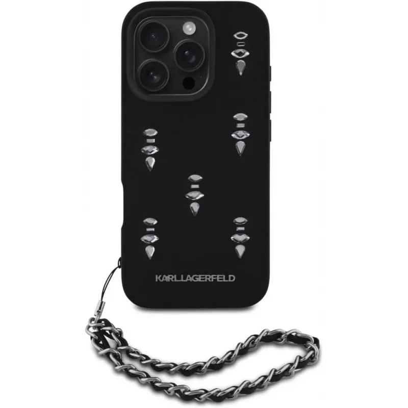 Karl Lagerfeld Saffiano Crystals with Chain Back Cover für iPhone 16 Pro, Schwarz