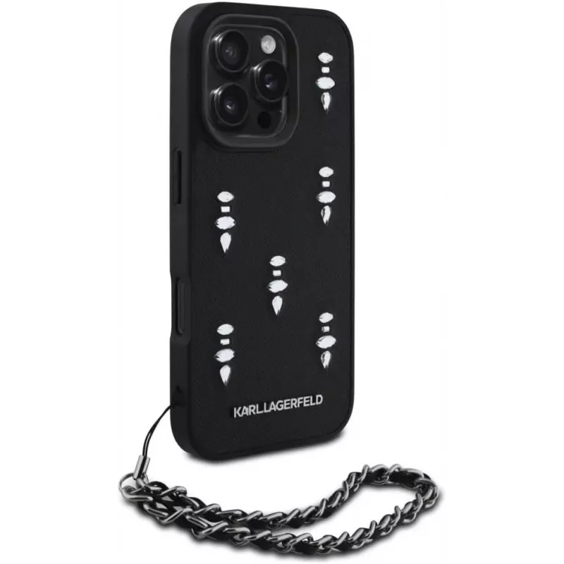 Karl Lagerfeld Saffiano Crystals with Chain Back Cover für iPhone 16 Pro, Schwarz