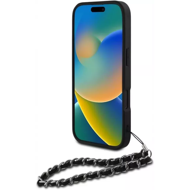 Karl Lagerfeld Saffiano Crystals with Chain Back Cover für iPhone 16 Pro, Schwarz
