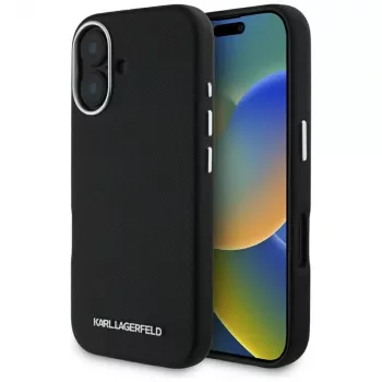 Karl Lagerfeld Saffiano FullWrapped Elongated Metal Logo MagSafe Case für iPhone 16 Schwarz