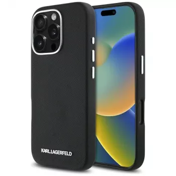 Karl Lagerfeld Saffiano Full Wrapped Elongated Metal Logo MagSafe Case für iPhone 16 Pro Schwarz