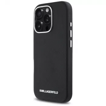 Karl Lagerfeld Saffiano Full Wrapped Elongated Metal Logo MagSafe Case für iPhone 16 Pro Schwarz