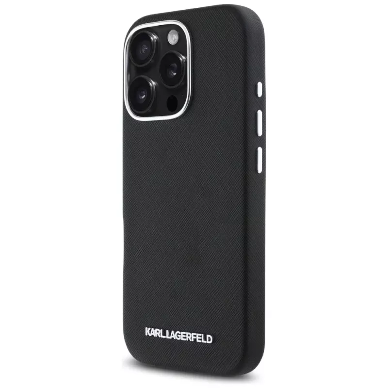 Karl Lagerfeld Saffiano Full Wrapped Elongated Metal Logo MagSafe Case für iPhone 16 Pro Schwarz