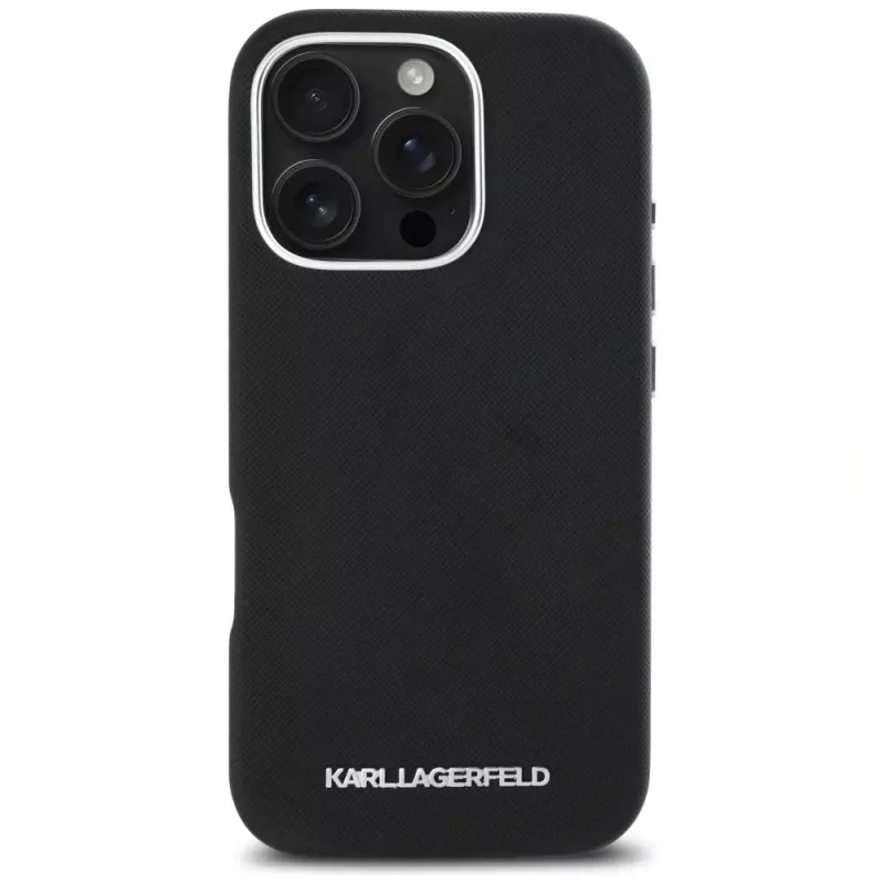 Karl Lagerfeld Saffiano Full Wrapped Elongated Metal Logo MagSafe Case für iPhone 16 Pro Schwarz