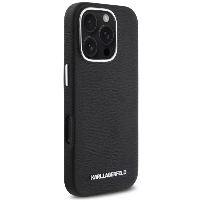 Karl Lagerfeld Saffiano Full Wrapped Elongated Metal Logo MagSafe Case für iPhone 16 Pro Schwarz