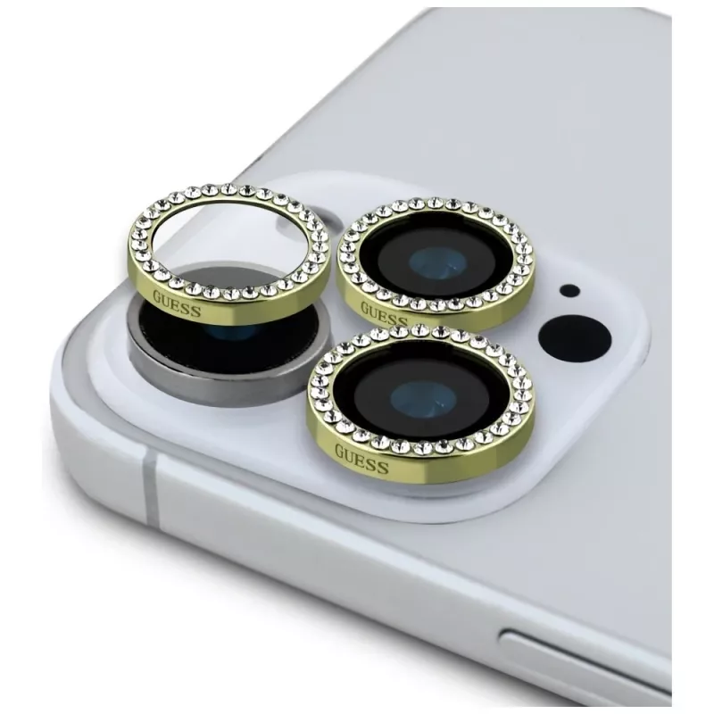 2-in-1 Guess BP Rhinestone Screen and Camera Lens Protector Kit für iPhone 16 Pro Max Gold