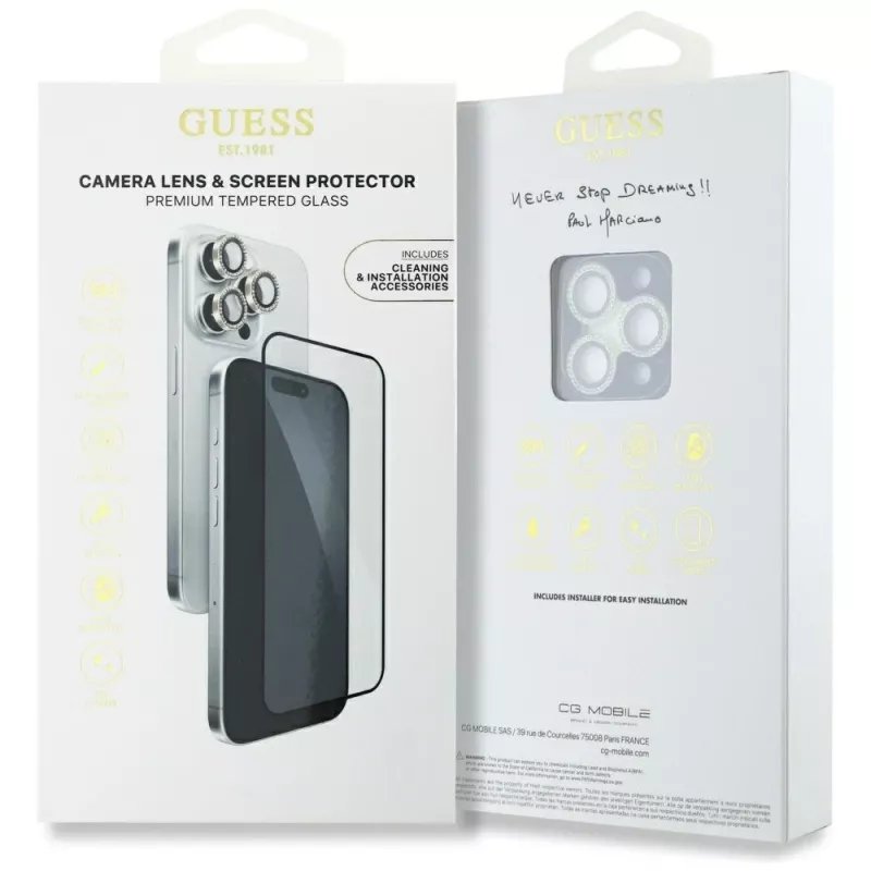 2-in-1 Guess BP Rhinestone Screen and Camera Lens Protector Kit für iPhone 16 Pro Max Gold