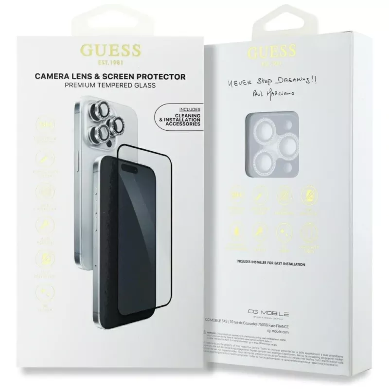Guess BP Rhinestone 2-in-1 Screen and Camera Lens Protector Set für Apple iPhone 16 Pro Max - Silber