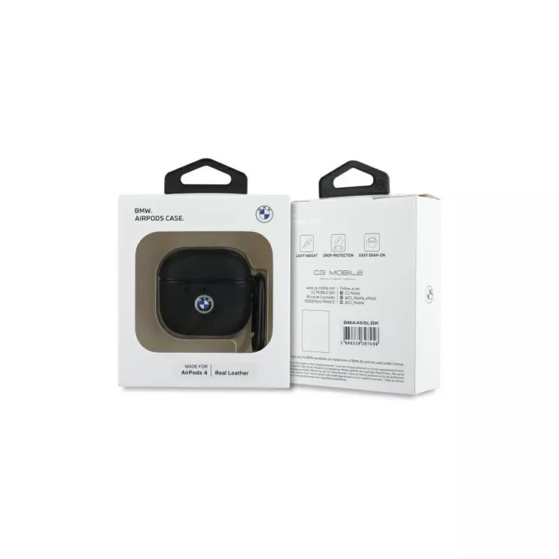 BMW BMA4SSLBK AirPods 4 Cover Schwarz Echtes Leder Silber Logo
