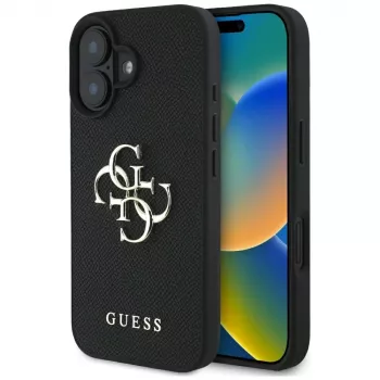 Guess Grained Big 4G Logo Small Classic Logo Case für iPhone 16 (Schwarz)