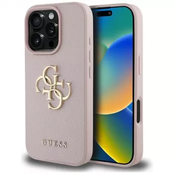 Guess Grained Big 4G Logo Small Classic Logo Back Cover für Apple iPhone 16 Pro (Pink)