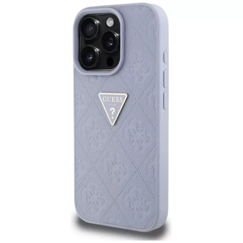 Guess Hot Stamp 4G Pattern Triangle Metal Logo Back Cover für iPhone 16 Pro, Lila