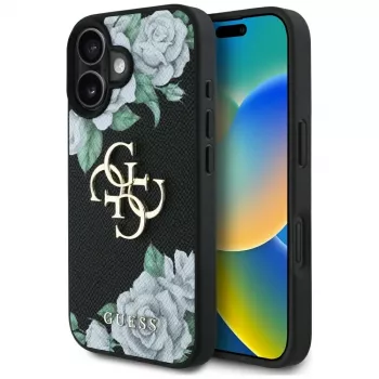 Guess Grained Roses Big 4G Logo Case für Apple iPhone 16, Schwarz