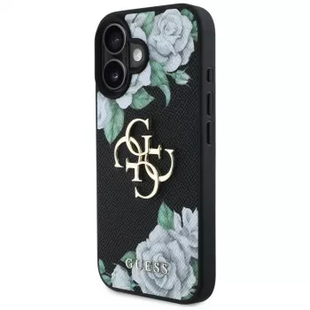 Guess Grained Roses Big 4G Logo Case für Apple iPhone 16, Schwarz