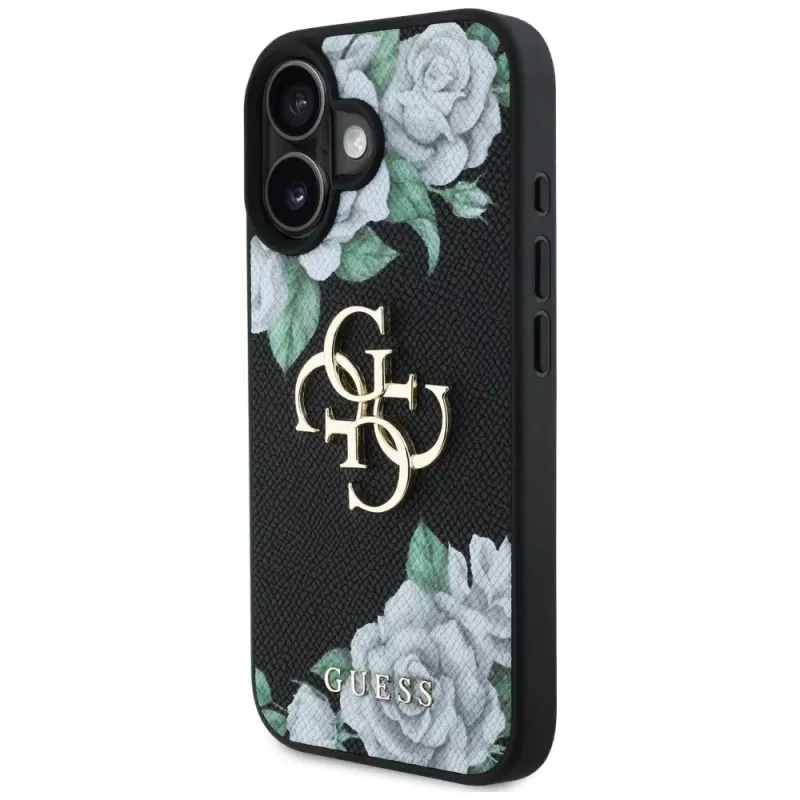 Guess Grained Roses Big 4G Logo Case für Apple iPhone 16, Schwarz