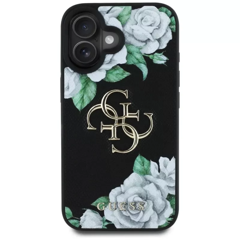 Guess Grained Roses Big 4G Logo Case für Apple iPhone 16, Schwarz
