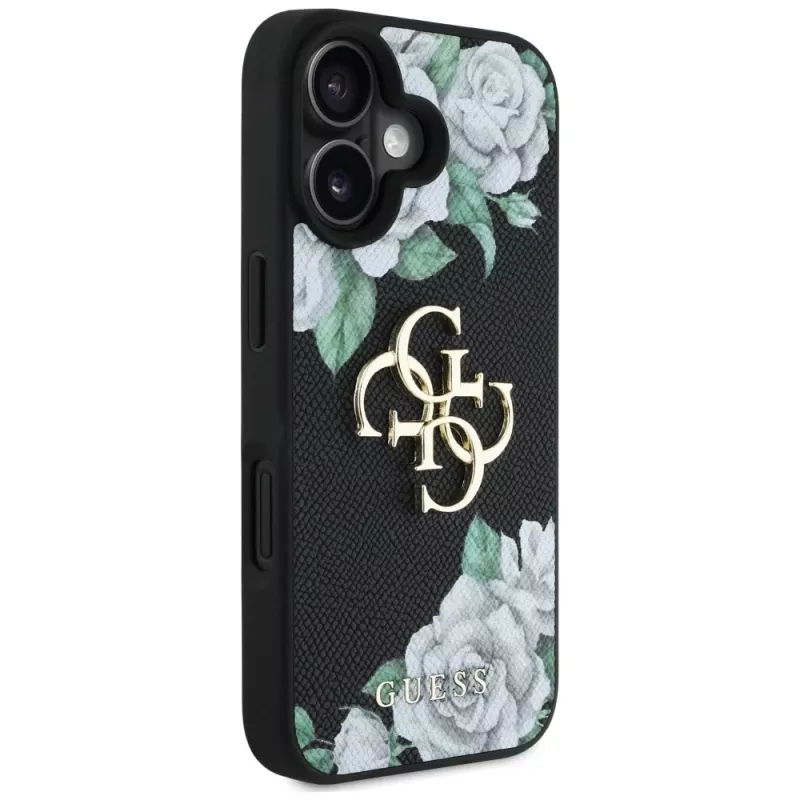 Guess Grained Roses Big 4G Logo Case für Apple iPhone 16, Schwarz