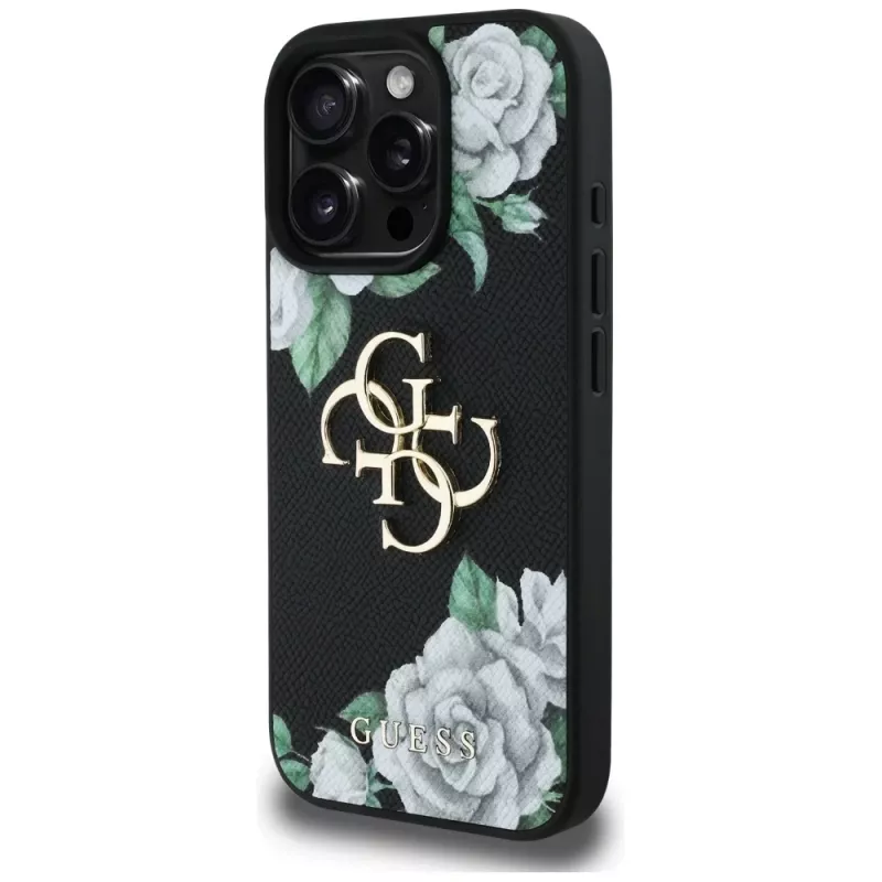 Guess Grained Roses Big 4G Logo Case für Apple iPhone 16 Pro, Schwarz