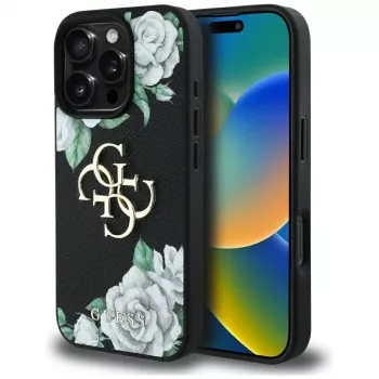 Guess Grained Roses Big 4G Logo Case für iPhone 16 Pro Max, Schwarz