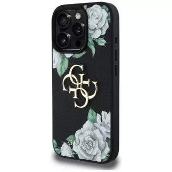 Guess Grained Roses Big 4G Logo Case für iPhone 16 Pro Max, Schwarz