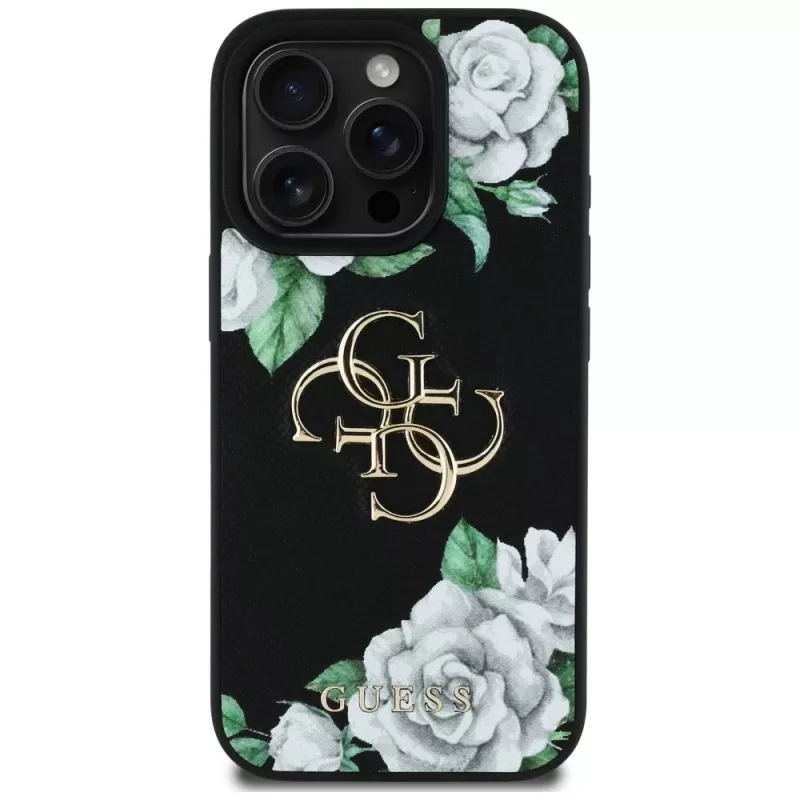 Guess Grained Roses Big 4G Logo Case für iPhone 16 Pro Max, Schwarz